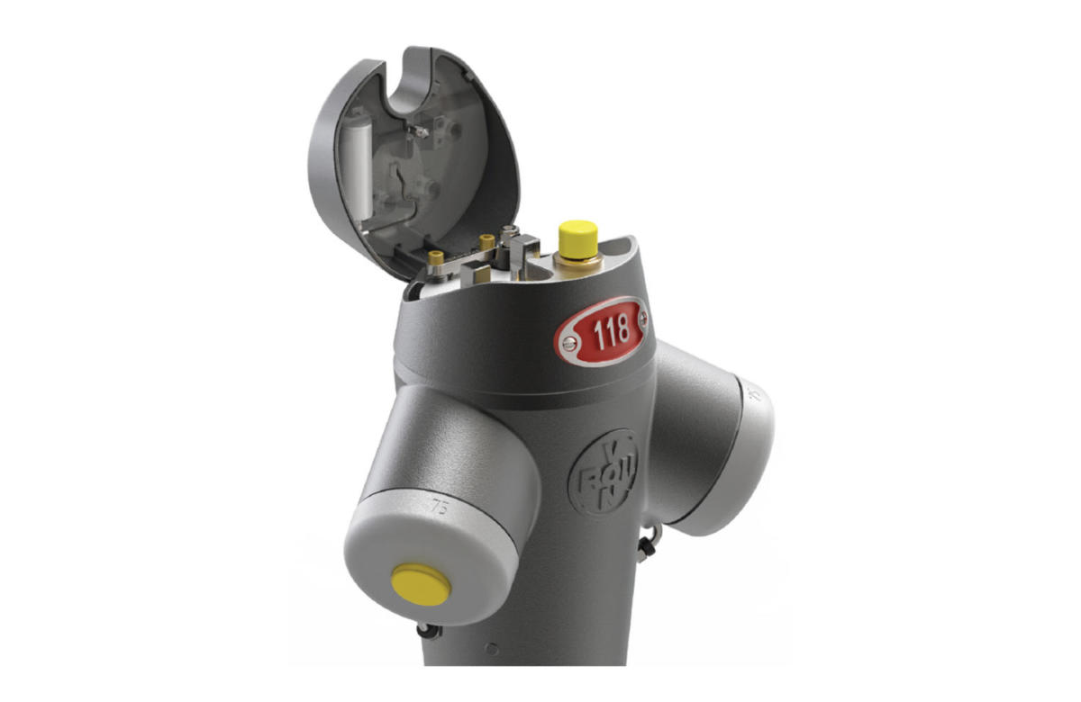 Above-ground hydrant from Roll CLASSIC with hinged cover KLAPPE and integrated ALERT sensor.