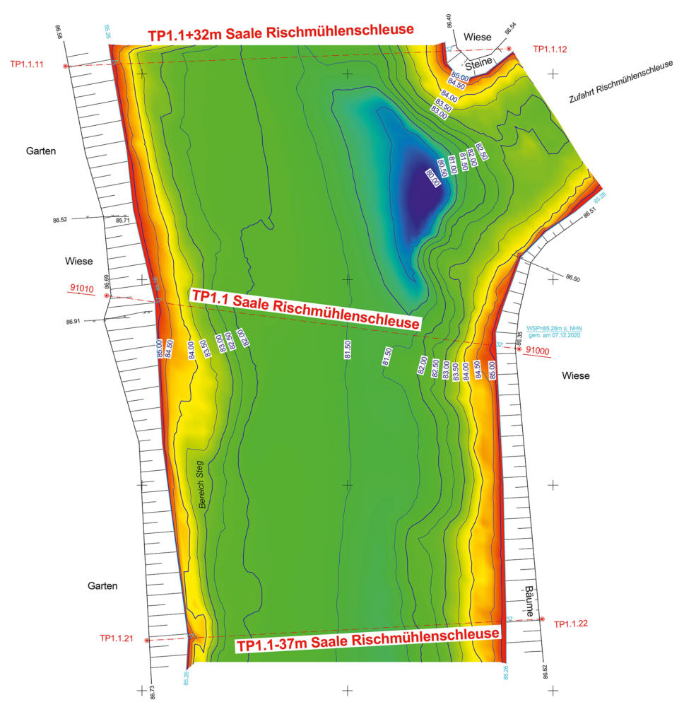 Tiefenlinienplan der Saale im Querungsbereich vor Baubeginn
